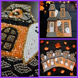 x4 Haunted House Halloween Ghost Pumpkin Shimmer Beaded Placemats CHARGERS Set